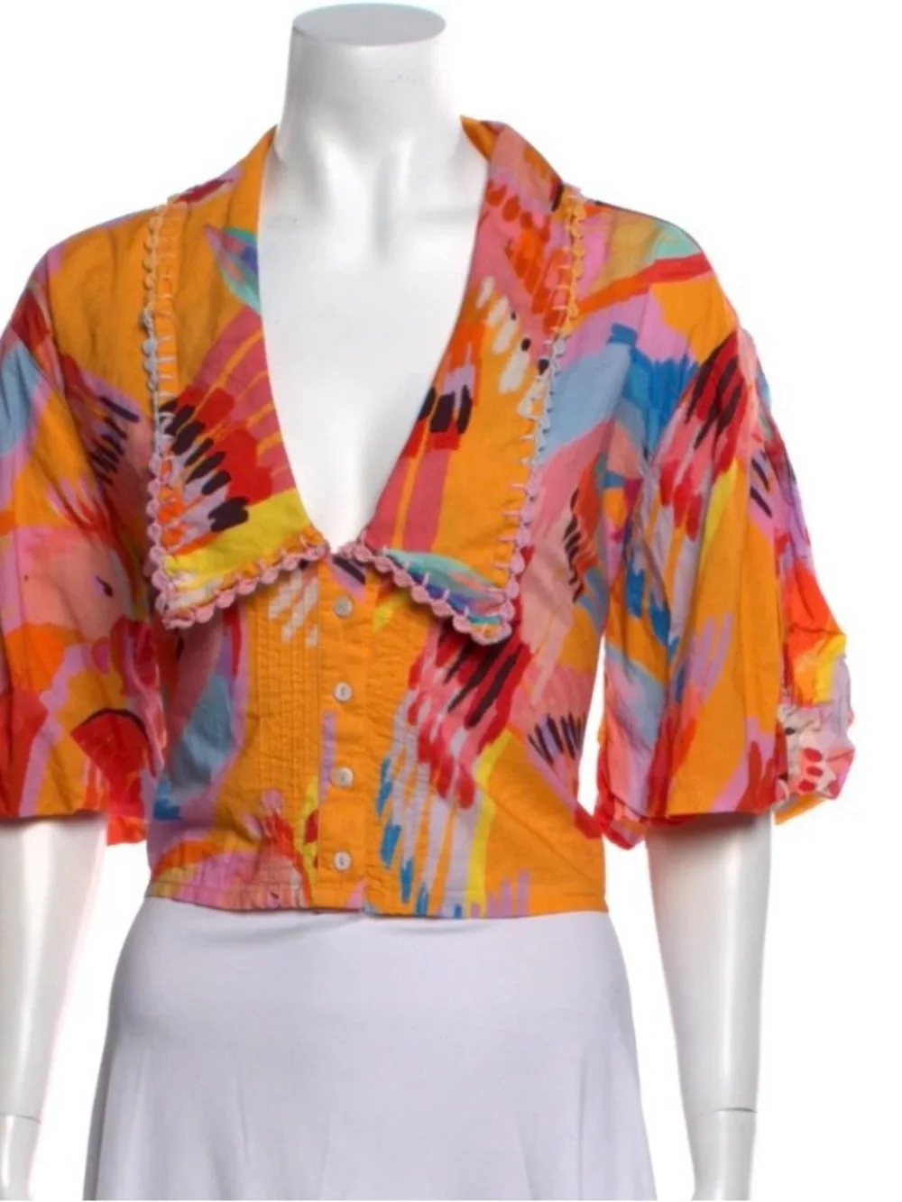 Farm Rio Neon Macaws Buttoned Blouse Multicolor Cropped Top